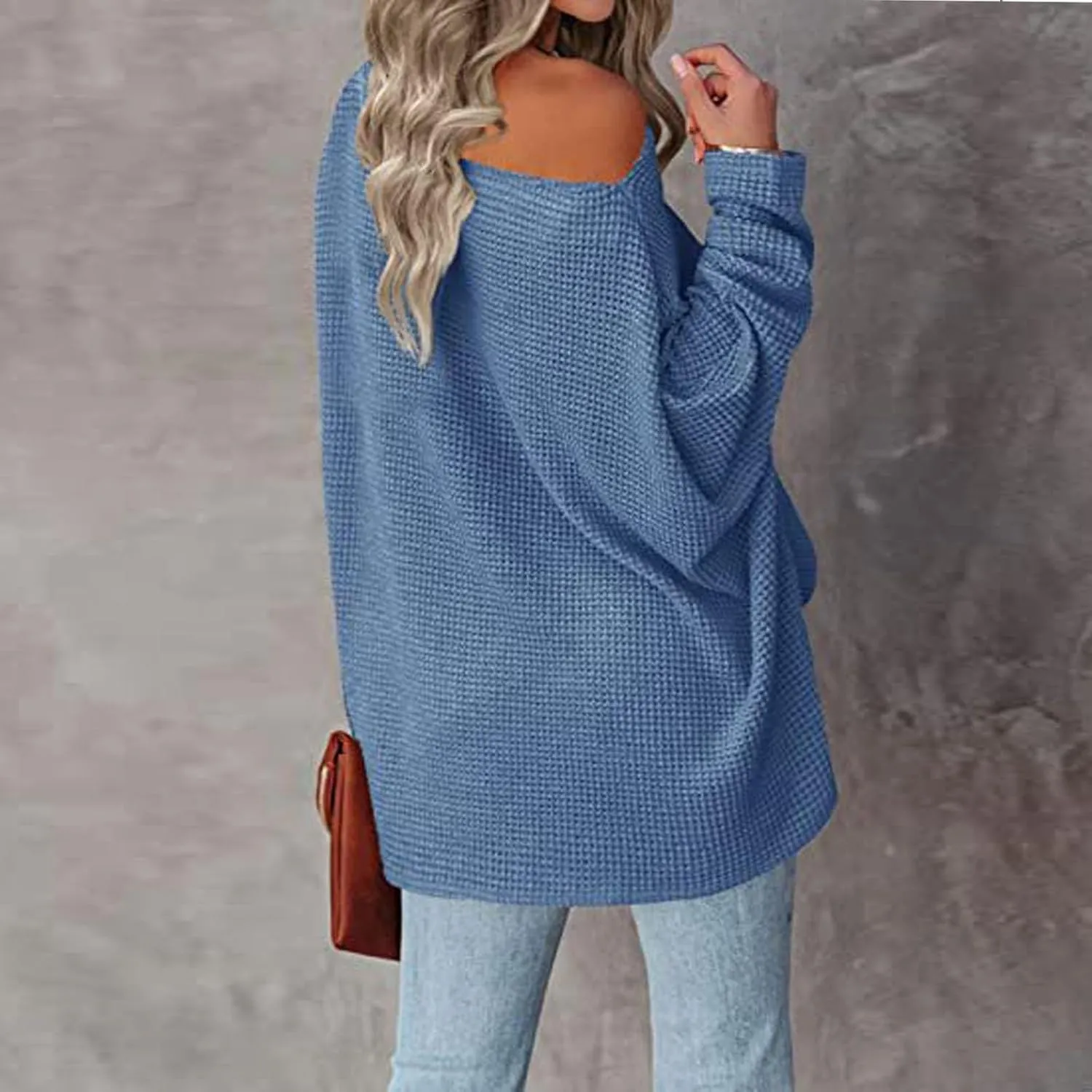 Women Off The Shoulder Sweater Top Oversized Waffle Knit Shirt Long Sleeve Boat Neck Batwing Tunic Pullover Sweaters