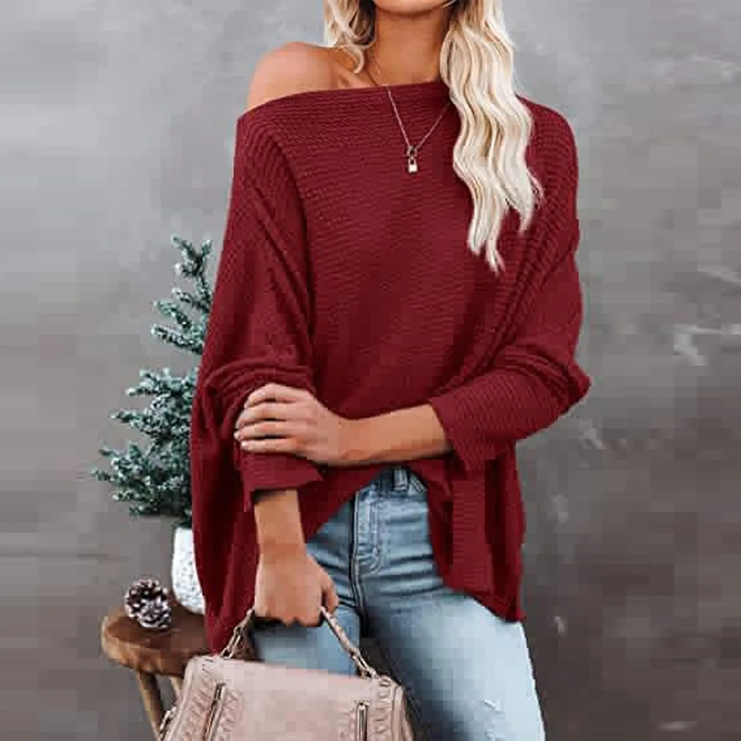 Women Off The Shoulder Sweater Top Oversized Waffle Knit Shirt Long Sleeve Boat Neck Batwing Tunic Pullover Sweaters