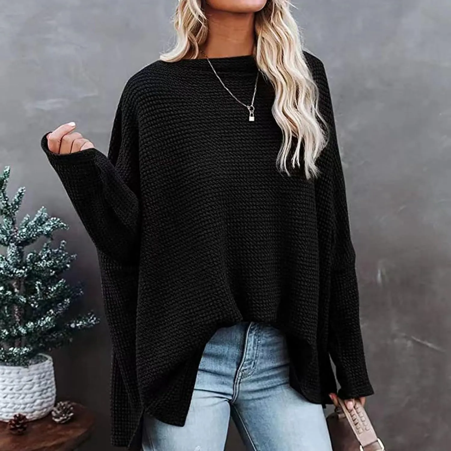 Women Off The Shoulder Sweater Top Oversized Waffle Knit Shirt Long Sleeve Boat Neck Batwing Tunic Pullover Sweaters