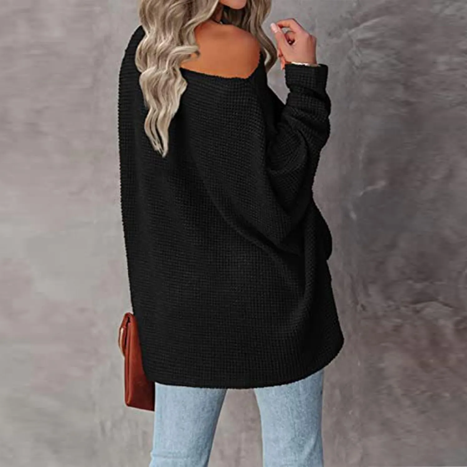 Women Off The Shoulder Sweater Top Oversized Waffle Knit Shirt Long Sleeve Boat Neck Batwing Tunic Pullover Sweaters