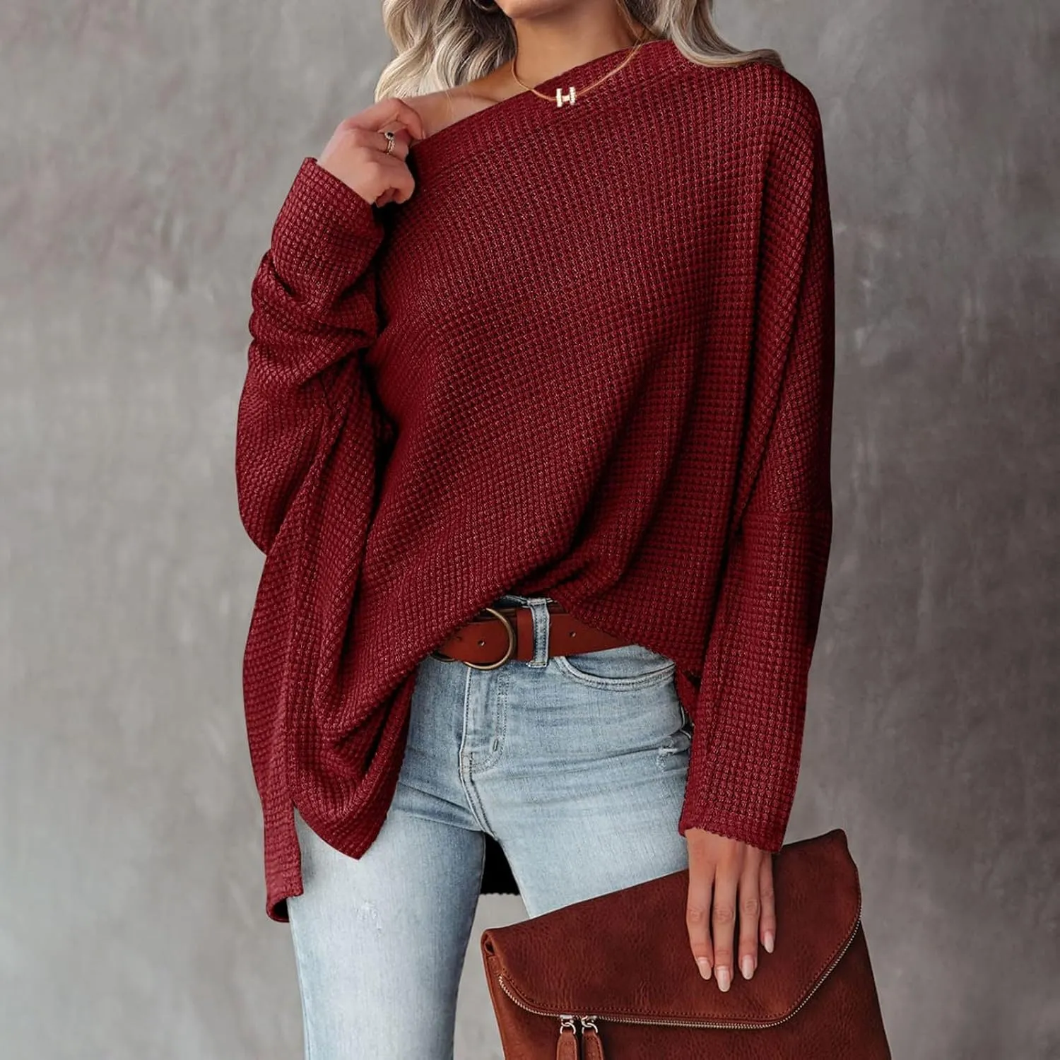 Women Off The Shoulder Sweater Top Oversized Waffle Knit Shirt Long Sleeve Boat Neck Batwing Tunic Pullover Sweaters
