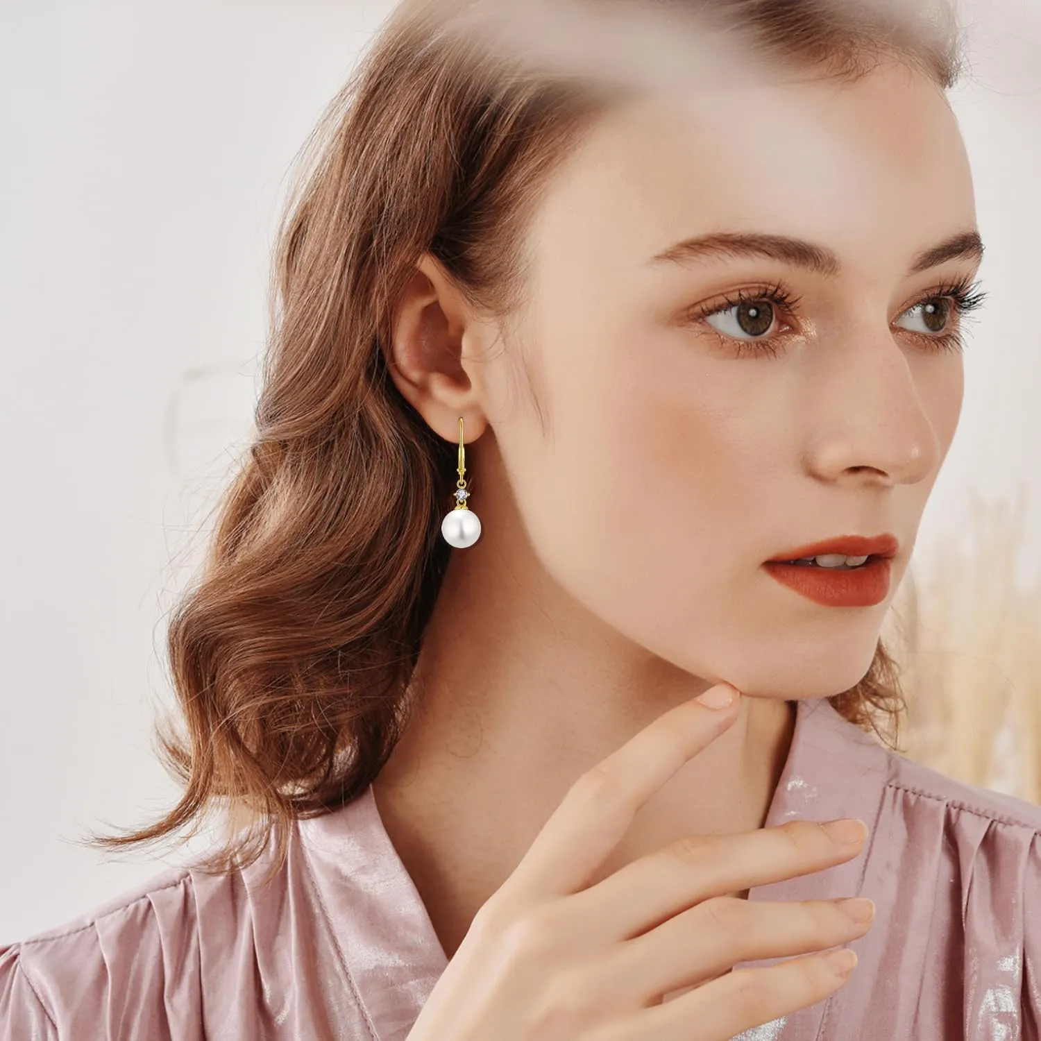 Women Pearl Earrings 925 Sterling Silver Leverback Dangle Drop Earrings 5A Cubic Zirconia Dainty Pearl Jewelry Valentine's Day Anniversary Mother's Day Birthday Gifts for Her