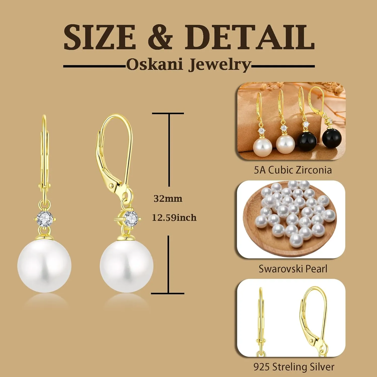 Women Pearl Earrings 925 Sterling Silver Leverback Dangle Drop Earrings 5A Cubic Zirconia Dainty Pearl Jewelry Valentine's Day Anniversary Mother's Day Birthday Gifts for Her