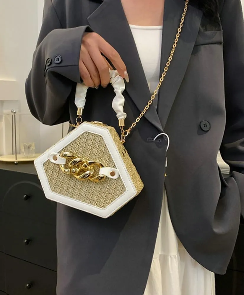 Women Straw Purse Clutch Shoulder Bag Woven Diamond Bag Hobo Crossbody Bag Chic Tote Bag Small Beach Handbag with Chain Strap