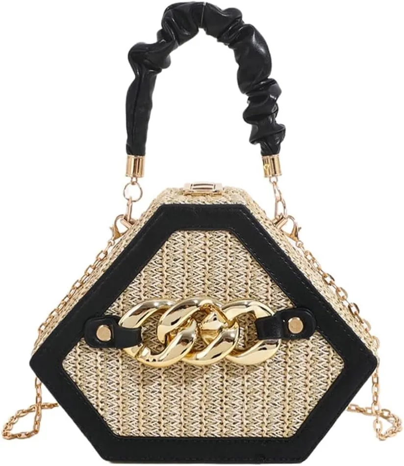 Women Straw Purse Clutch Shoulder Bag Woven Diamond Bag Hobo Crossbody Bag Chic Tote Bag Small Beach Handbag with Chain Strap
