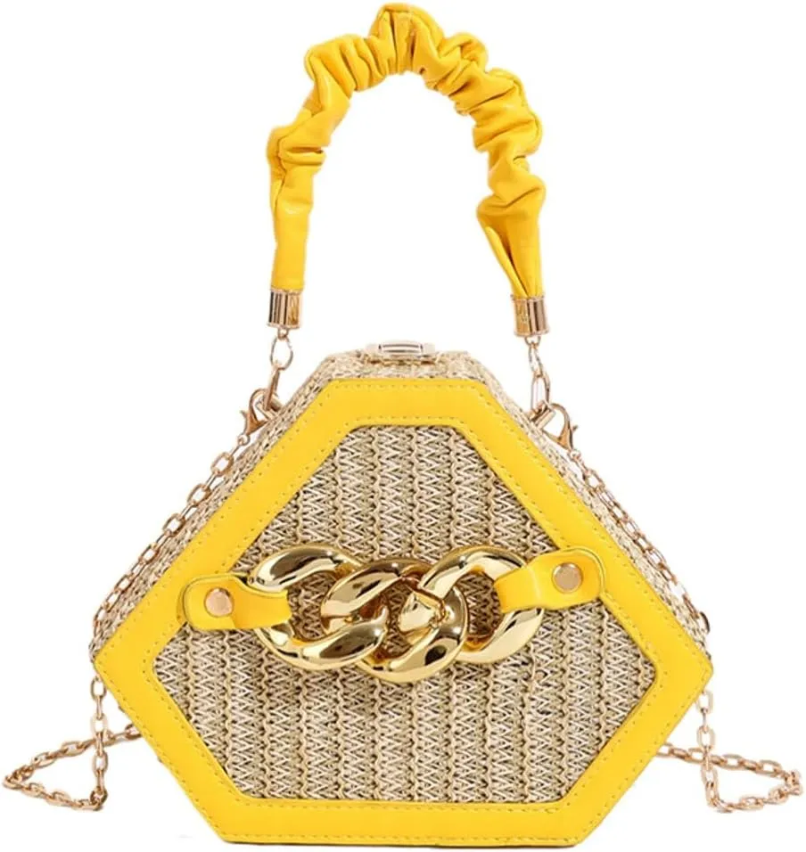 Women Straw Purse Clutch Shoulder Bag Woven Diamond Bag Hobo Crossbody Bag Chic Tote Bag Small Beach Handbag with Chain Strap