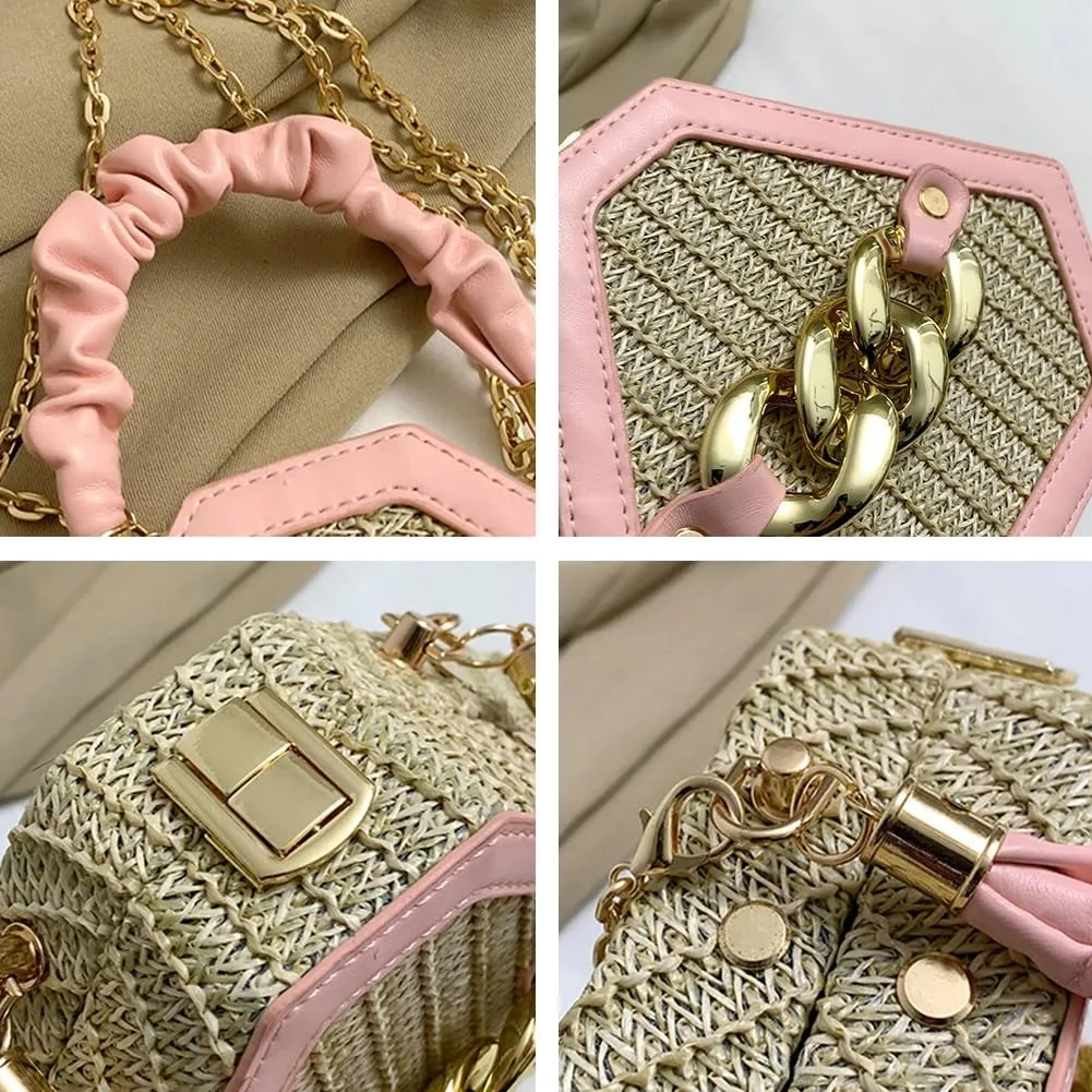 Women Straw Purse Clutch Shoulder Bag Woven Diamond Bag Hobo Crossbody Bag Chic Tote Bag Small Beach Handbag with Chain Strap