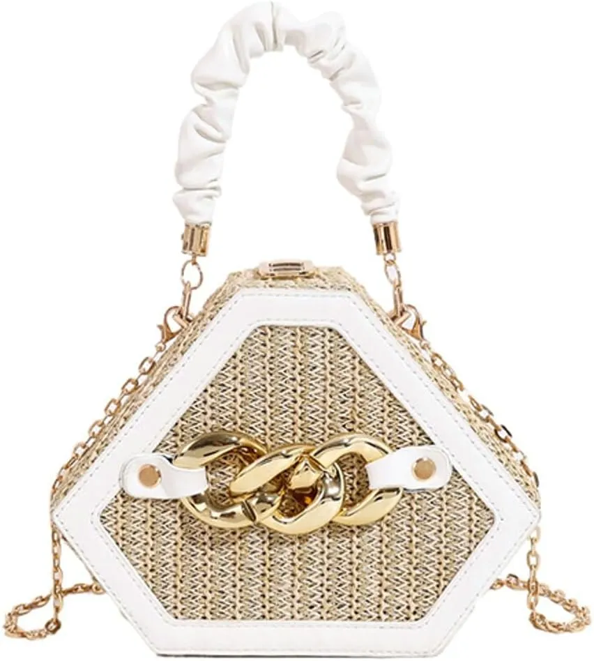 Women Straw Purse Clutch Shoulder Bag Woven Diamond Bag Hobo Crossbody Bag Chic Tote Bag Small Beach Handbag with Chain Strap