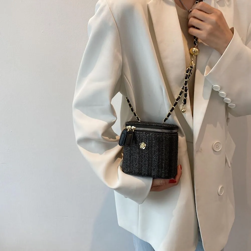 Women Woven Crossbody Bag with Chain Weaving Beach Handbag Straw Bucket Satchel Bag Ladies Summer Daily Bag