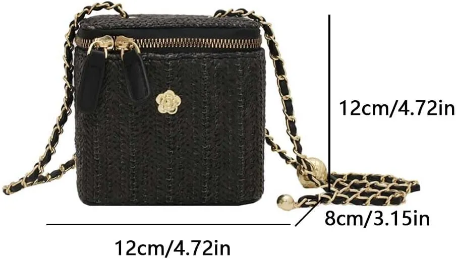 Women Woven Crossbody Bag with Chain Weaving Beach Handbag Straw Bucket Satchel Bag Ladies Summer Daily Bag