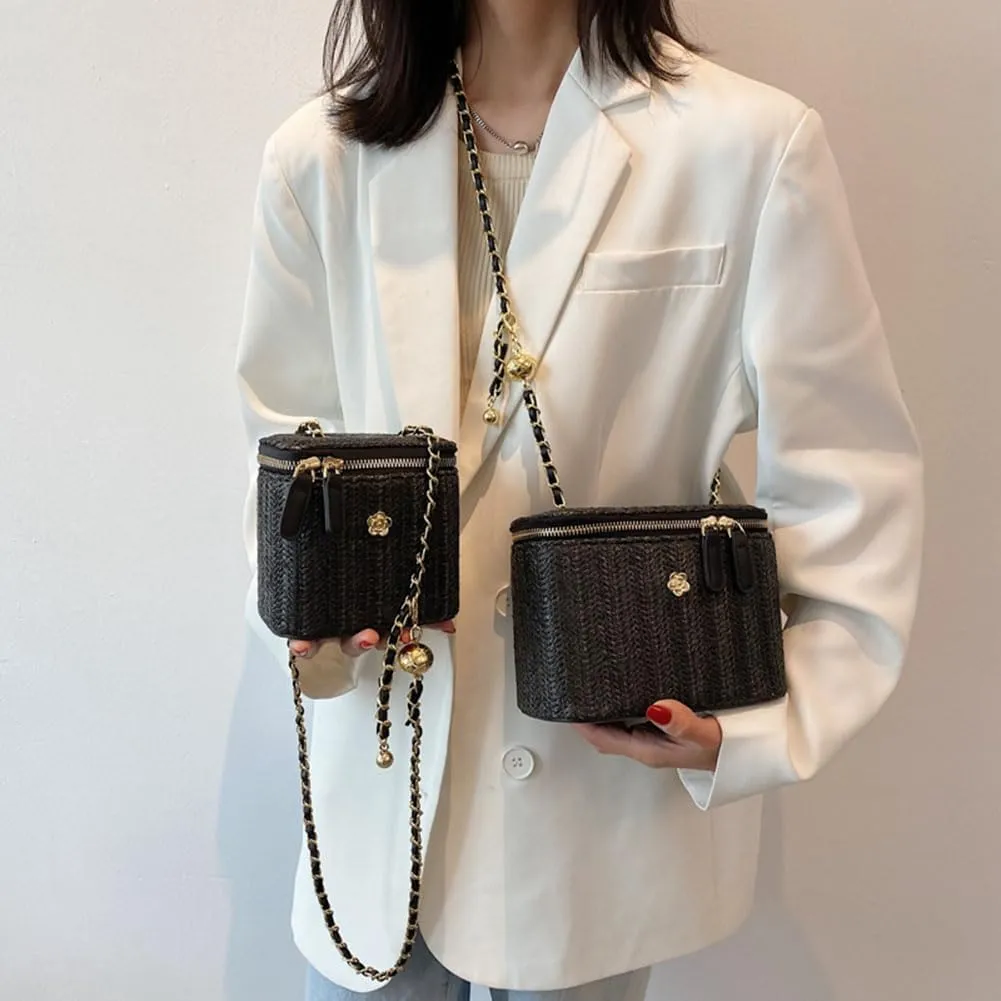 Women Woven Crossbody Bag with Chain Weaving Beach Handbag Straw Bucket Satchel Bag Ladies Summer Daily Bag