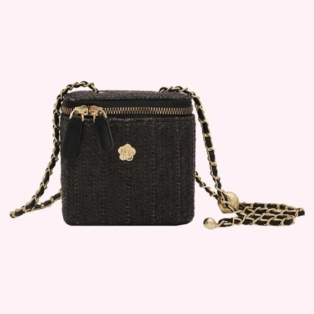 Women Woven Crossbody Bag with Chain Weaving Beach Handbag Straw Bucket Satchel Bag Ladies Summer Daily Bag