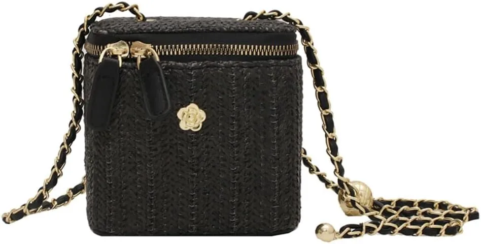 Women Woven Crossbody Bag with Chain Weaving Beach Handbag Straw Bucket Satchel Bag Ladies Summer Daily Bag