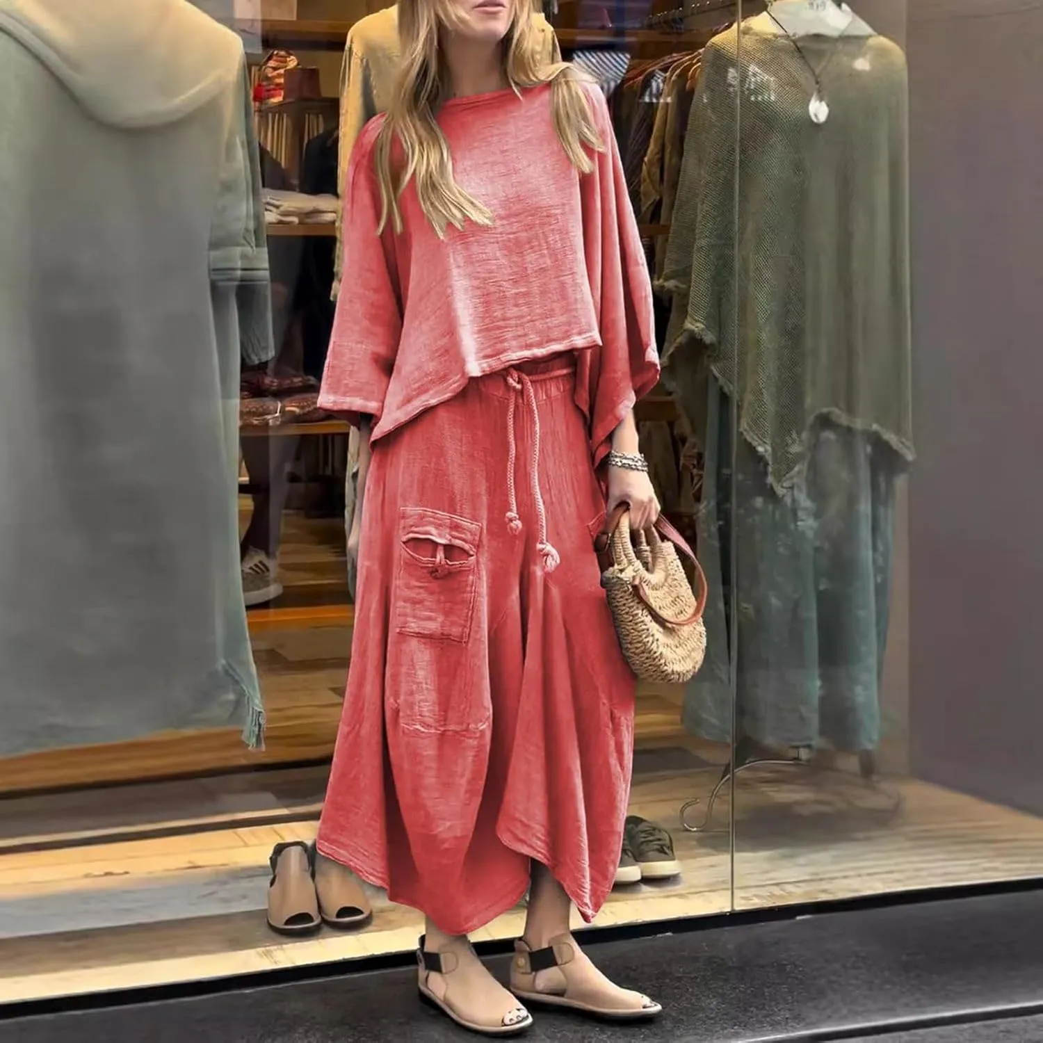 Women's 2 Piece Outfits Casual Skirt Sets 3/4 Sleeve Tops Loose Flowy Irregular Midi Skirts 2025 Matching Outfits