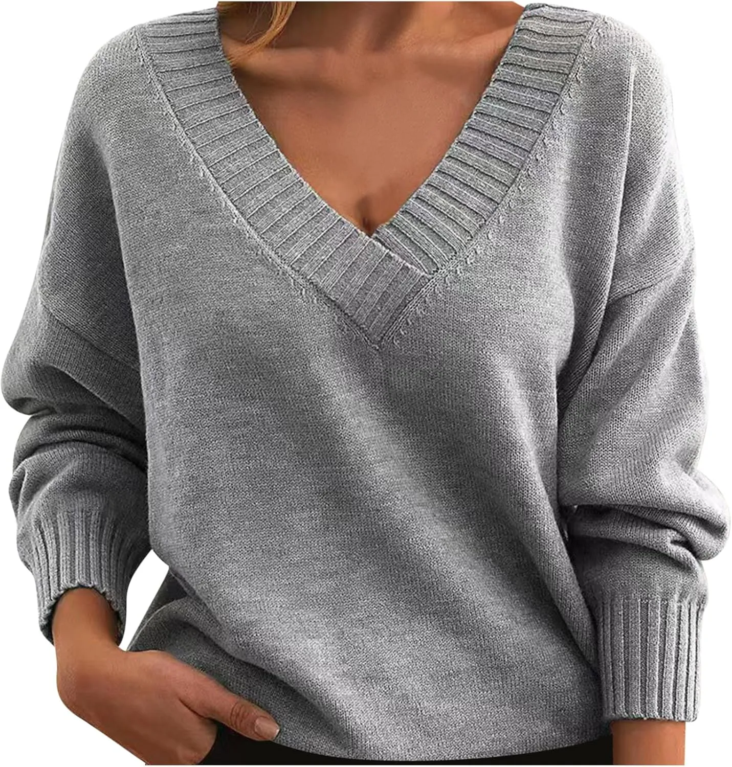 Women's 2024 Fall Knit Sweater Long Sleeve Tops Trendy Casual Loose Fit Outfits V Neck Oversized Pullover Sweaters