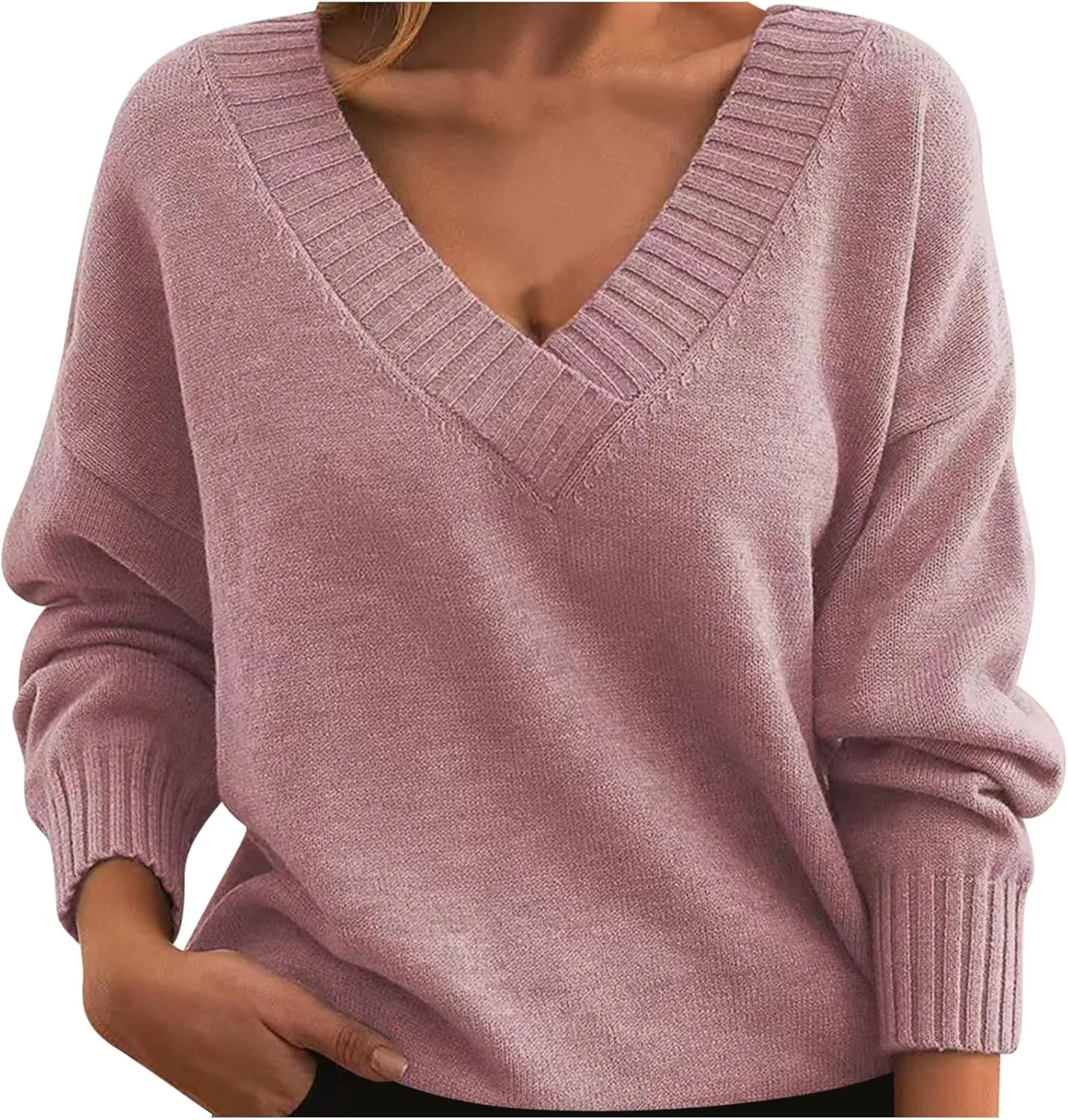 Women's 2024 Fall Knit Sweater Long Sleeve Tops Trendy Casual Loose Fit Outfits V Neck Oversized Pullover Sweaters