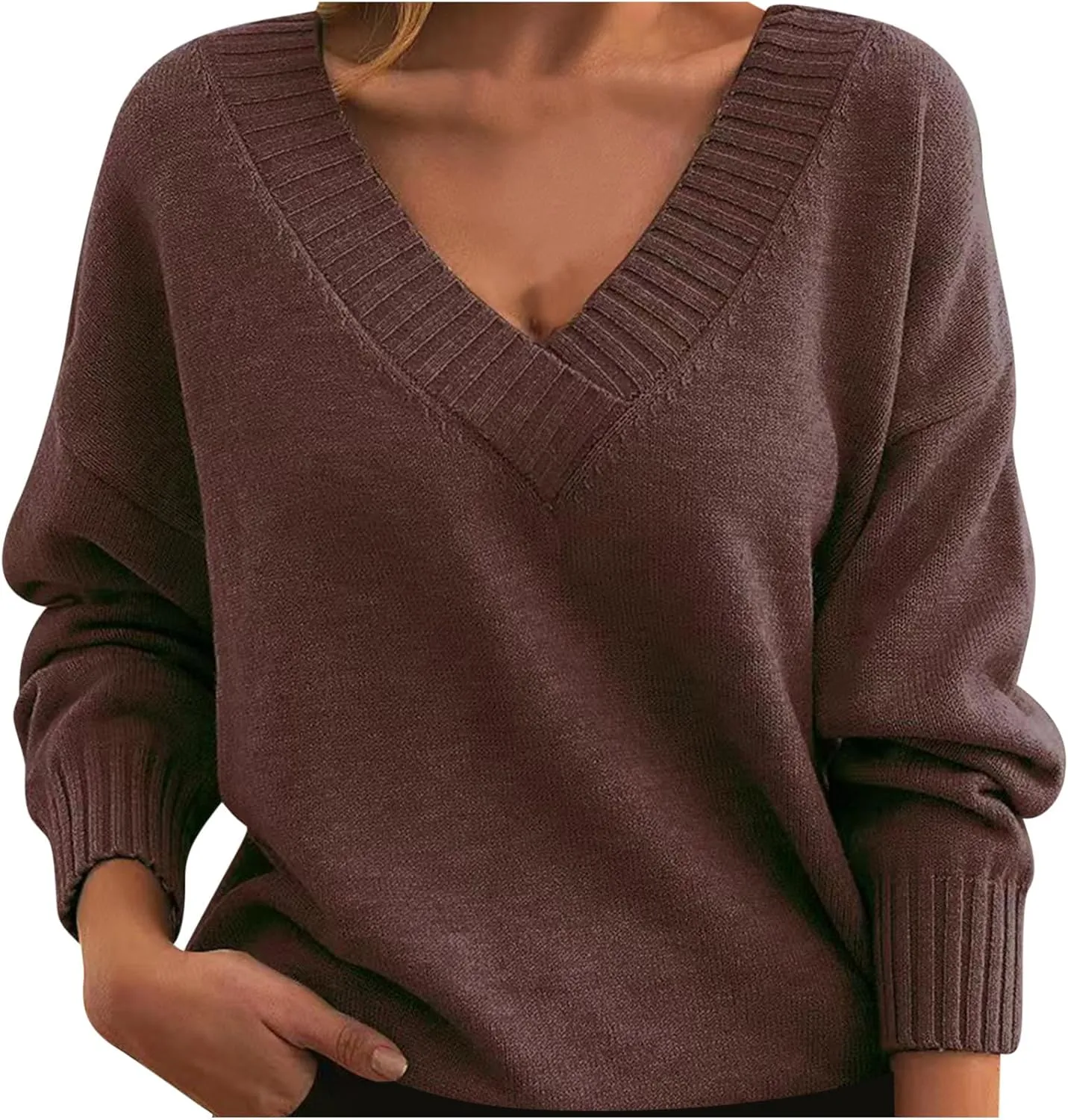 Women's 2024 Fall Knit Sweater Long Sleeve Tops Trendy Casual Loose Fit Outfits V Neck Oversized Pullover Sweaters