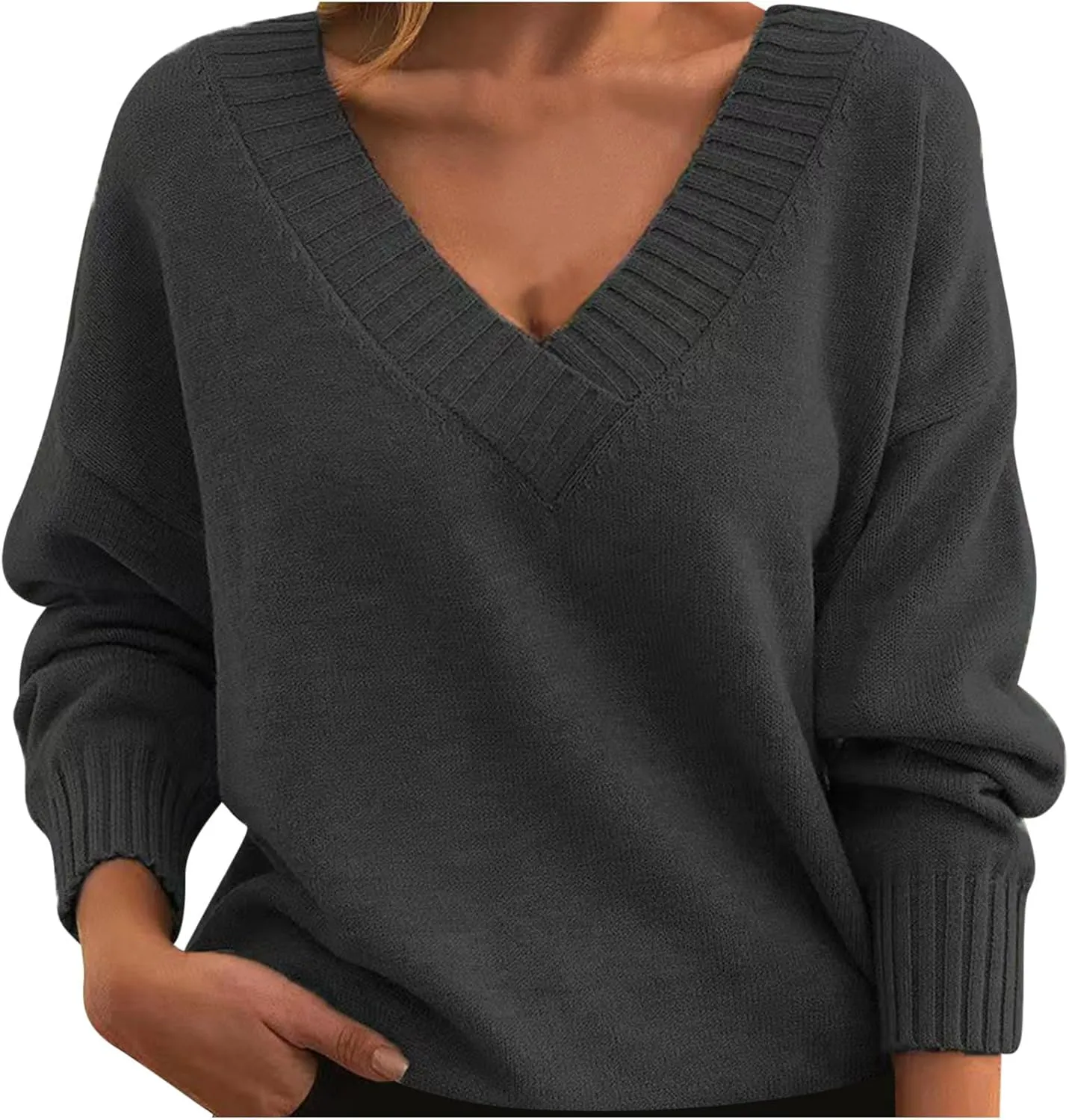 Women's 2024 Fall Knit Sweater Long Sleeve Tops Trendy Casual Loose Fit Outfits V Neck Oversized Pullover Sweaters