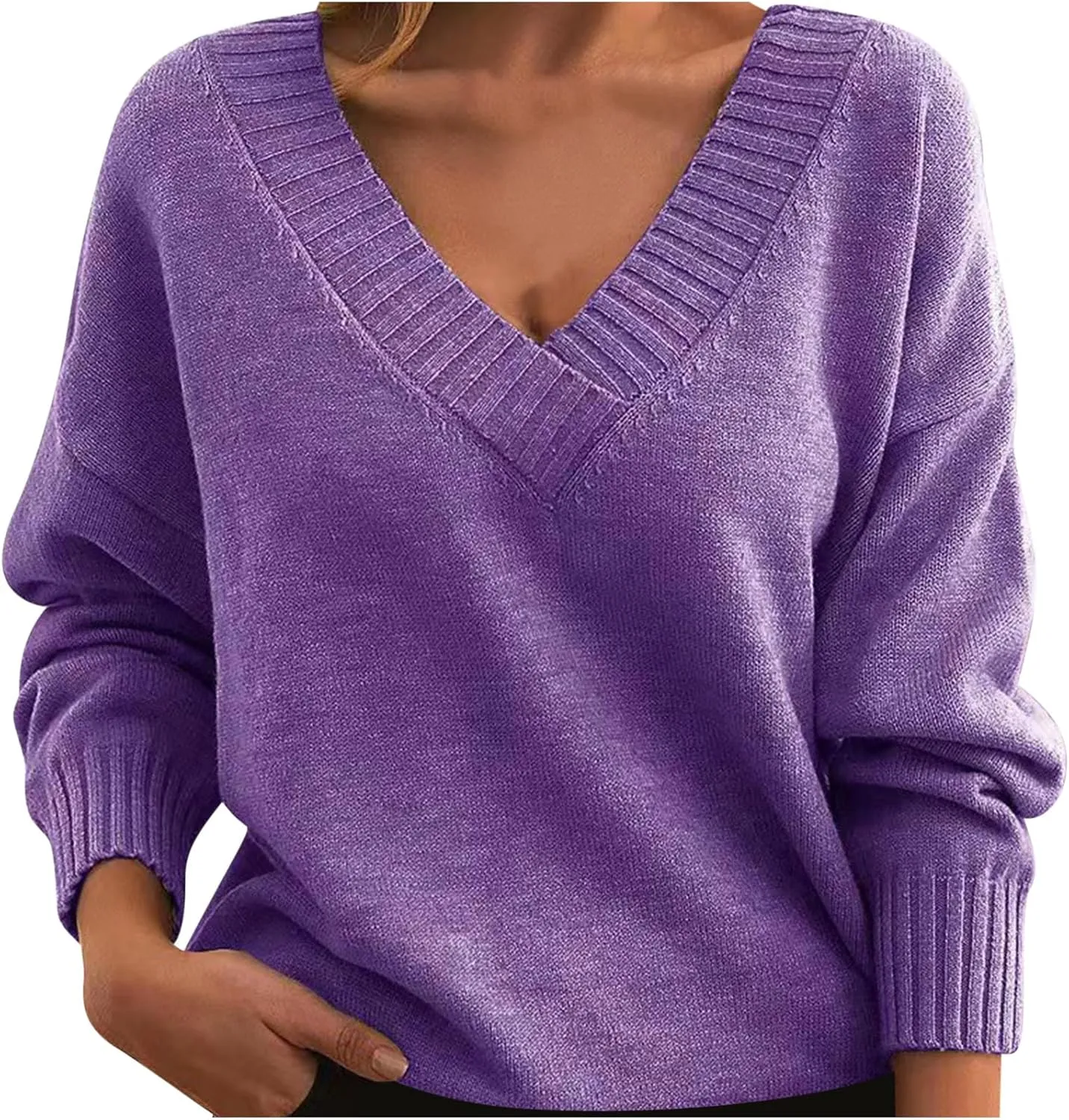 Women's 2024 Fall Knit Sweater Long Sleeve Tops Trendy Casual Loose Fit Outfits V Neck Oversized Pullover Sweaters