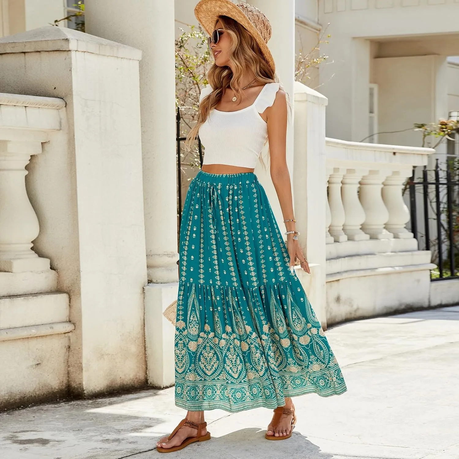 Women's Boho Floral Maxi Skirts Flowy High Waist Summer Pleated A Line Long Skirts for Women Beach Vacation Clothes for Women
