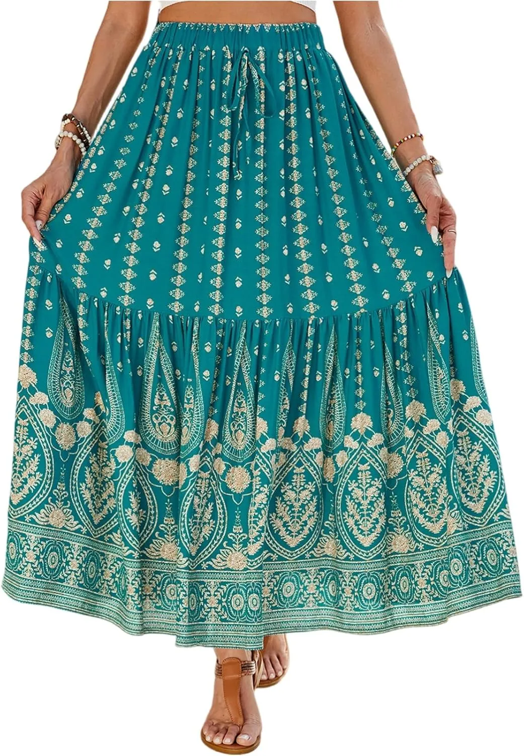 Women's Boho Floral Maxi Skirts Flowy High Waist Summer Pleated A Line Long Skirts for Women Beach Vacation Clothes for Women