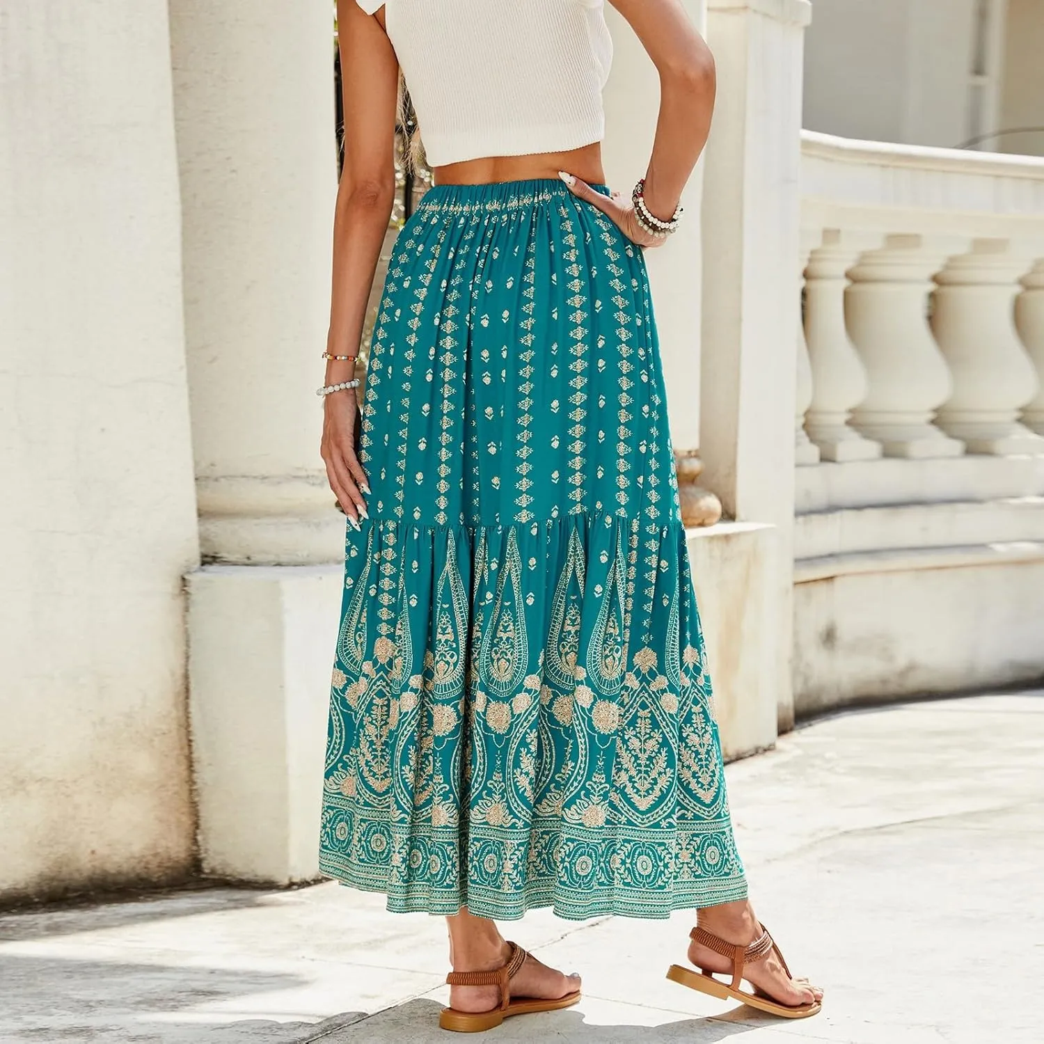 Women's Boho Floral Maxi Skirts Flowy High Waist Summer Pleated A Line Long Skirts for Women Beach Vacation Clothes for Women