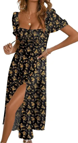 Womens Casual Summer Square Neck Short Sleeve Split Thigh Dress Boho Floral Print Tie Front Midi Dresses