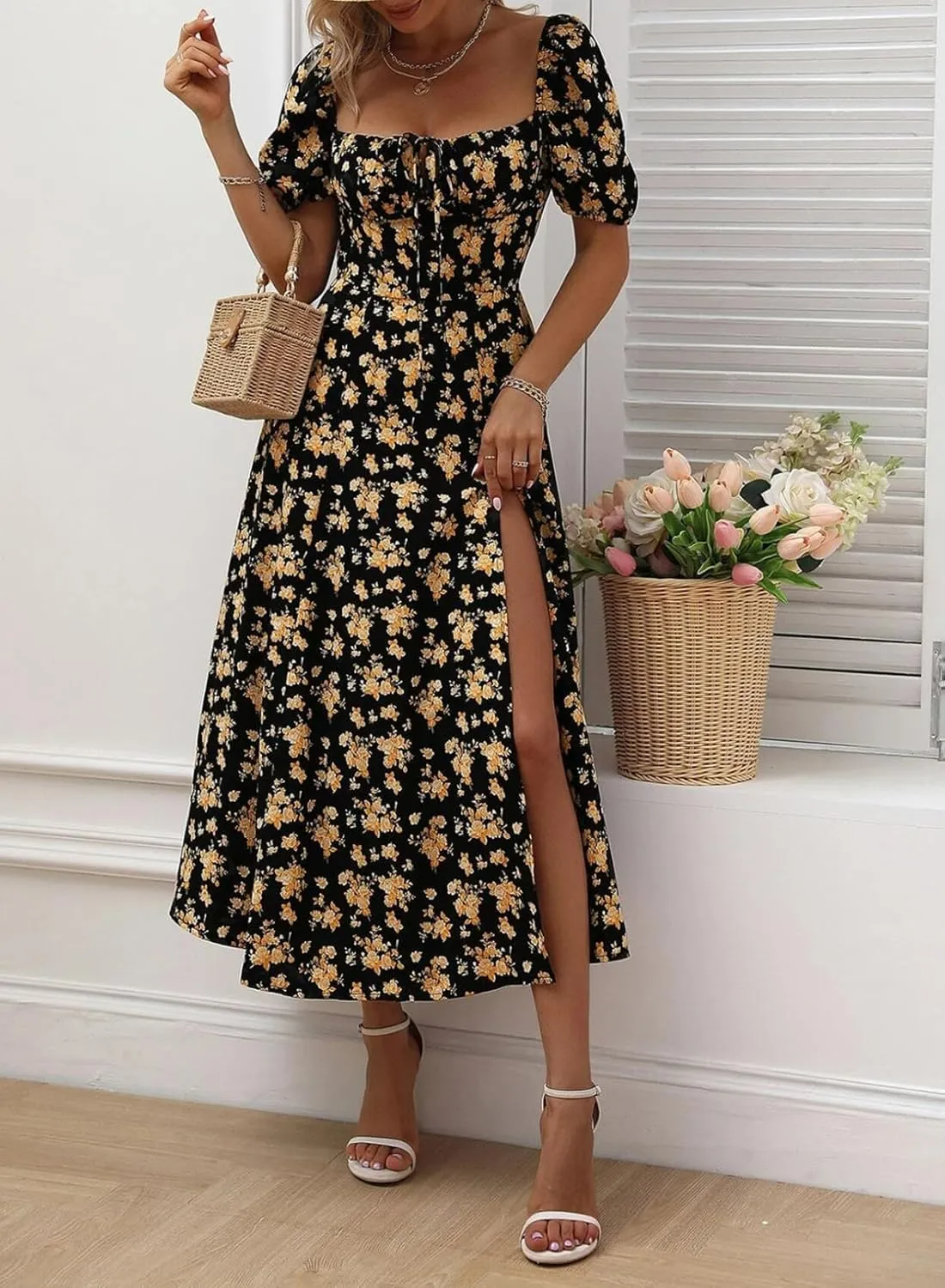 Womens Casual Summer Square Neck Short Sleeve Split Thigh Dress Boho Floral Print Tie Front Midi Dresses