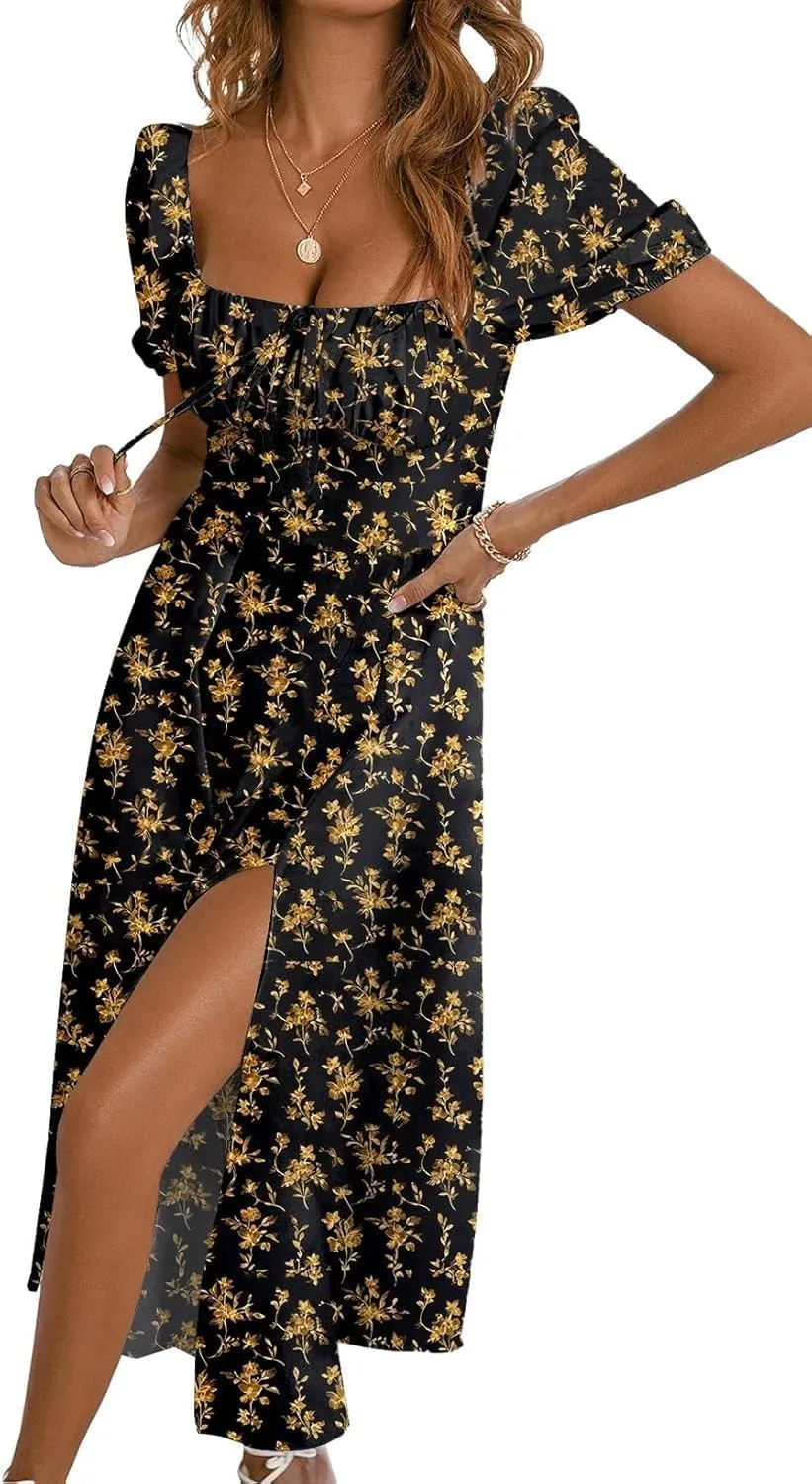 Womens Casual Summer Square Neck Short Sleeve Split Thigh Dress Boho Floral Print Tie Front Midi Dresses
