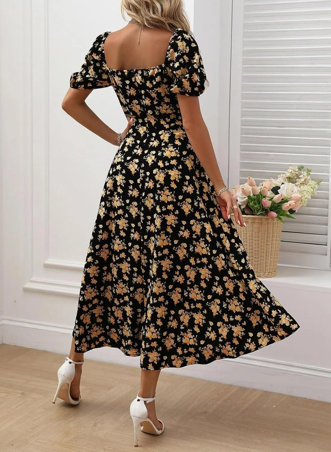 Womens Casual Summer Square Neck Short Sleeve Split Thigh Dress Boho Floral Print Tie Front Midi Dresses
