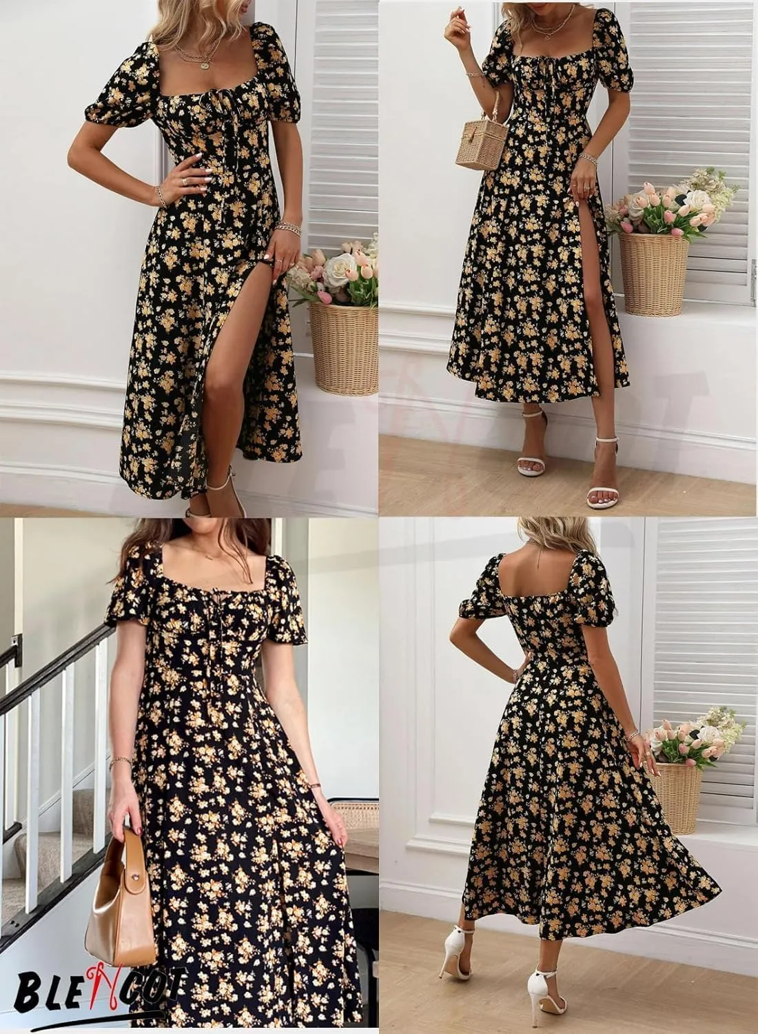 Womens Casual Summer Square Neck Short Sleeve Split Thigh Dress Boho Floral Print Tie Front Midi Dresses