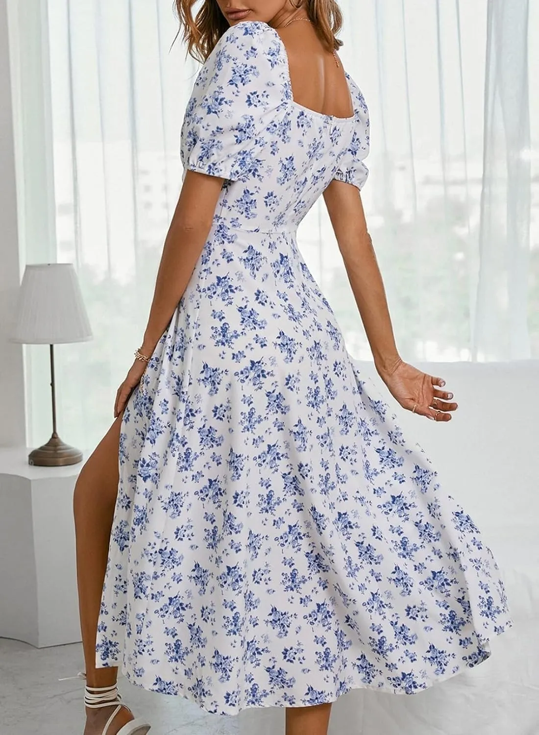 Womens Casual Summer Square Neck Short Sleeve Split Thigh Dress Boho Floral Print Tie Front Midi Dresses