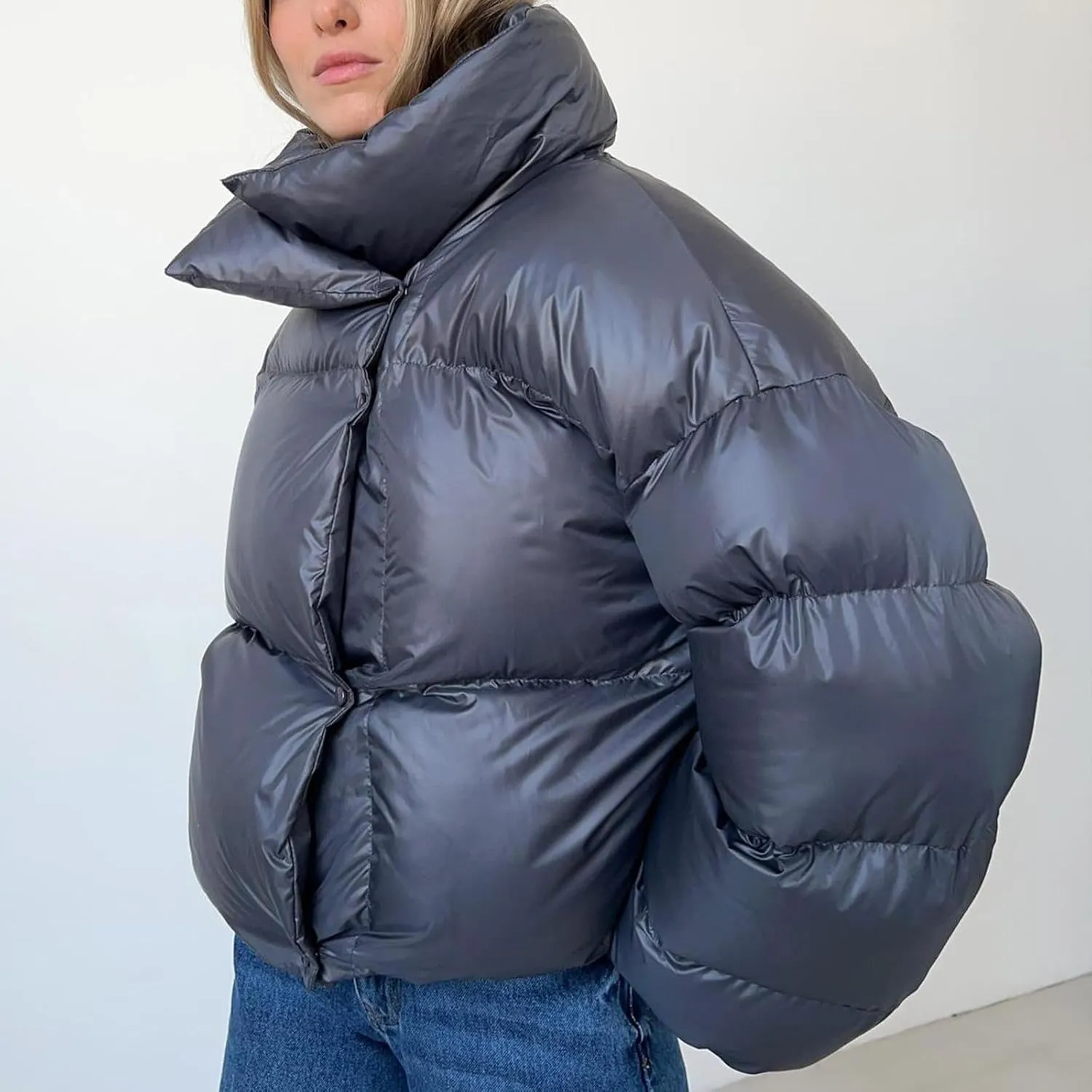 Womens Cropped Puffer Jacket Thicken Fluffy Down Jacket Warm Winter Coats Long Sleeve Stand Collar Padded Short Coats
