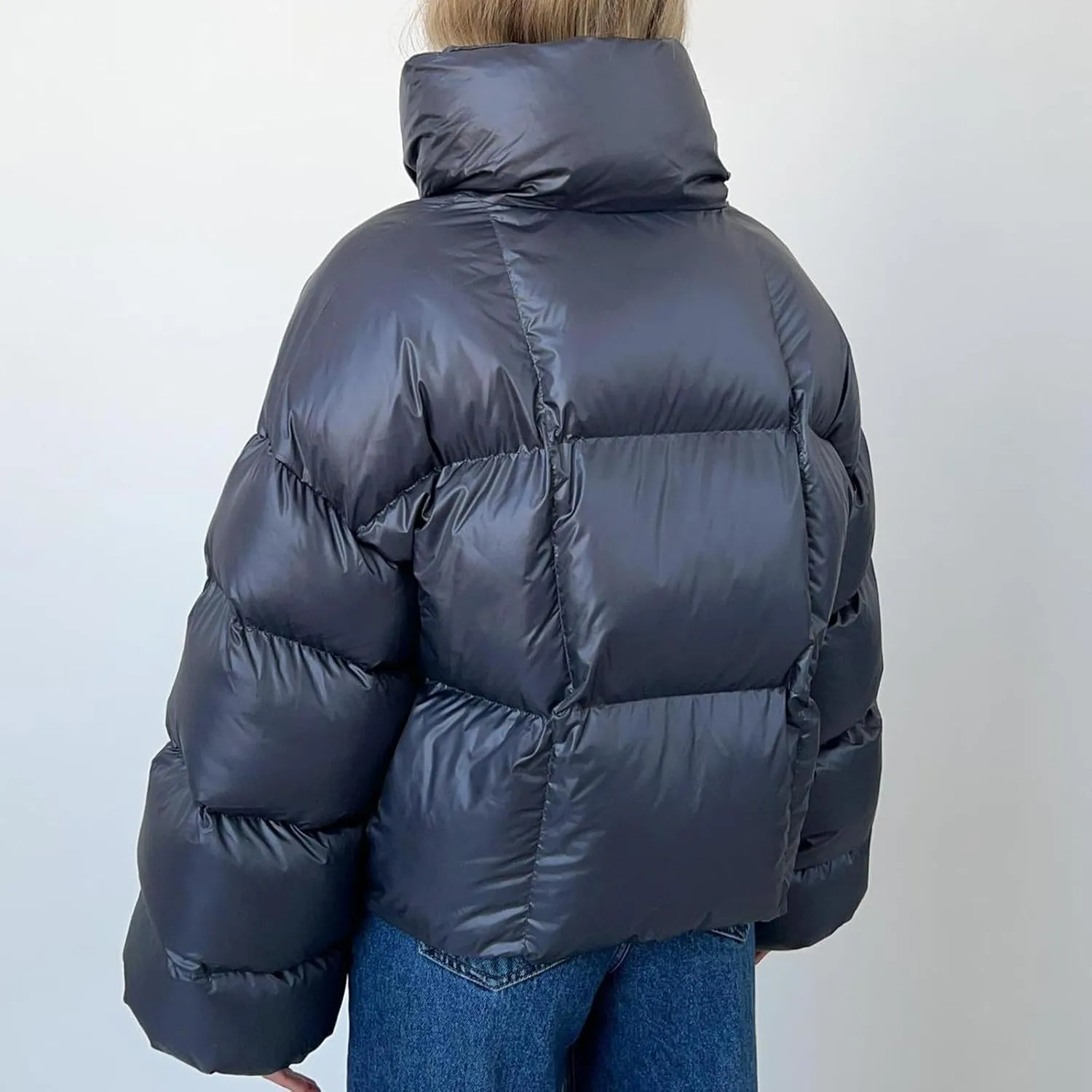 Womens Cropped Puffer Jacket Thicken Fluffy Down Jacket Warm Winter Coats Long Sleeve Stand Collar Padded Short Coats