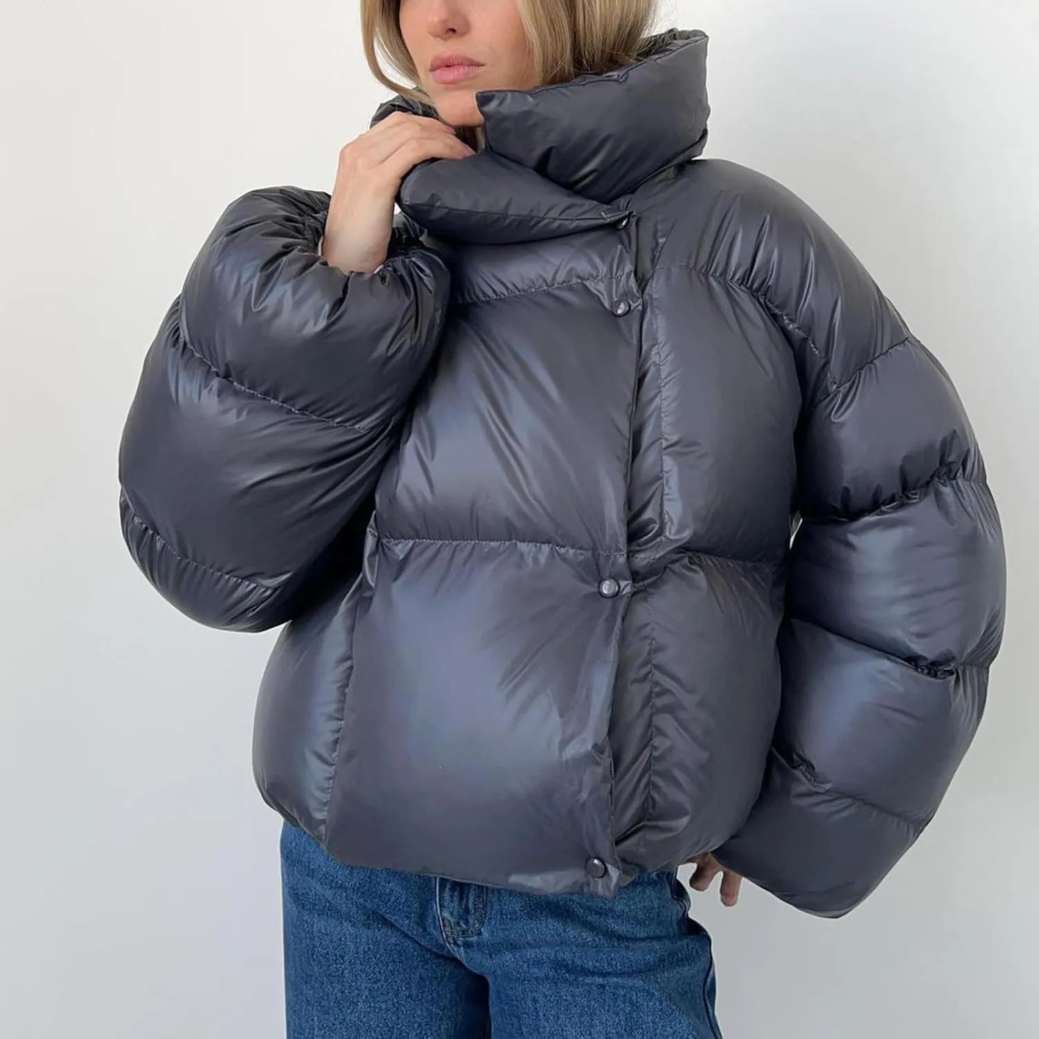Womens Cropped Puffer Jacket Thicken Fluffy Down Jacket Warm Winter Coats Long Sleeve Stand Collar Padded Short Coats