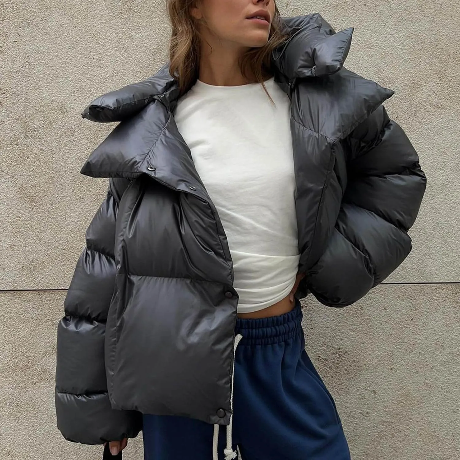 Womens Cropped Puffer Jacket Thicken Fluffy Down Jacket Warm Winter Coats Long Sleeve Stand Collar Padded Short Coats