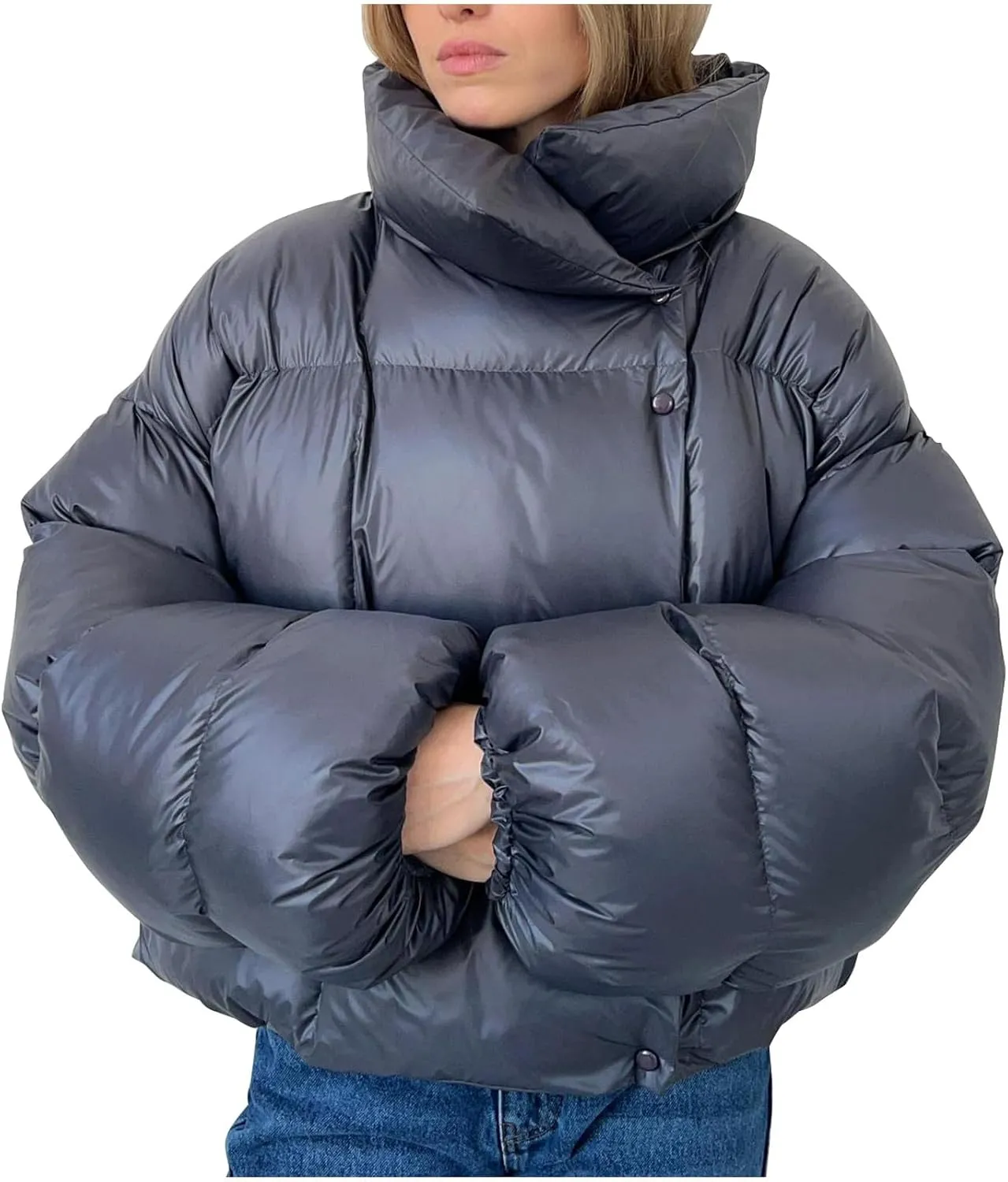 Womens Cropped Puffer Jacket Thicken Fluffy Down Jacket Warm Winter Coats Long Sleeve Stand Collar Padded Short Coats