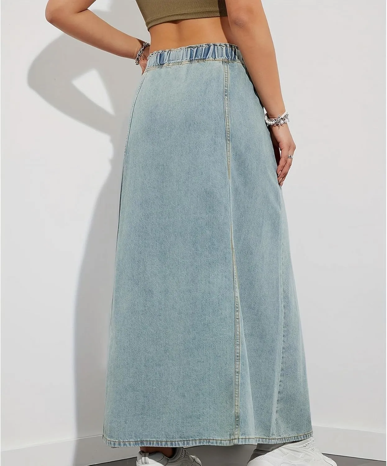Womens Denim Skirt Casual High Waist Paperbag Elastic A Line Long Maxi Flare Skirt Summer Beach Jean Skirt