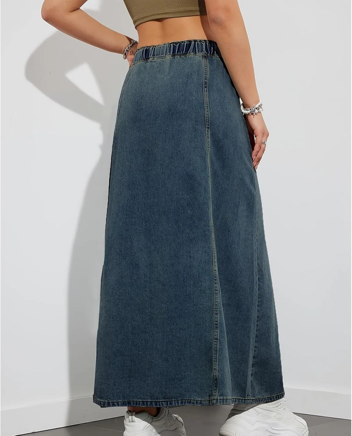 Womens Denim Skirt Casual High Waist Paperbag Elastic A Line Long Maxi Flare Skirt Summer Beach Jean Skirt