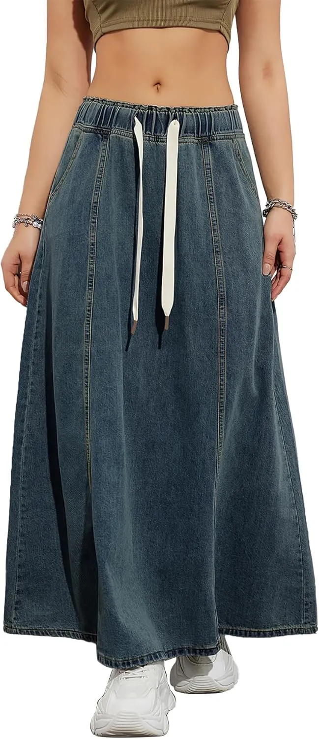 Womens Denim Skirt Casual High Waist Paperbag Elastic A Line Long Maxi Flare Skirt Summer Beach Jean Skirt