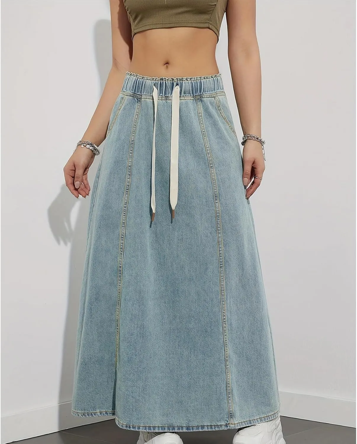Womens Denim Skirt Casual High Waist Paperbag Elastic A Line Long Maxi Flare Skirt Summer Beach Jean Skirt