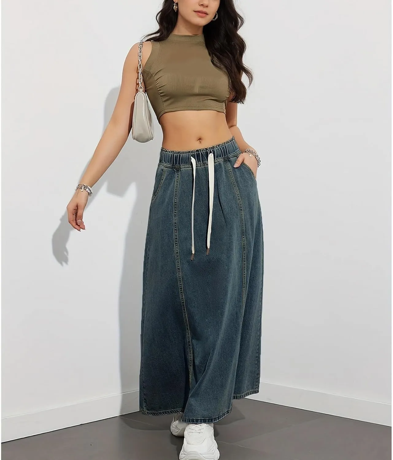 Womens Denim Skirt Casual High Waist Paperbag Elastic A Line Long Maxi Flare Skirt Summer Beach Jean Skirt