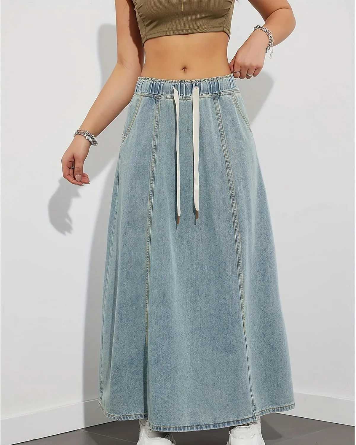 Womens Denim Skirt Casual High Waist Paperbag Elastic A Line Long Maxi Flare Skirt Summer Beach Jean Skirt