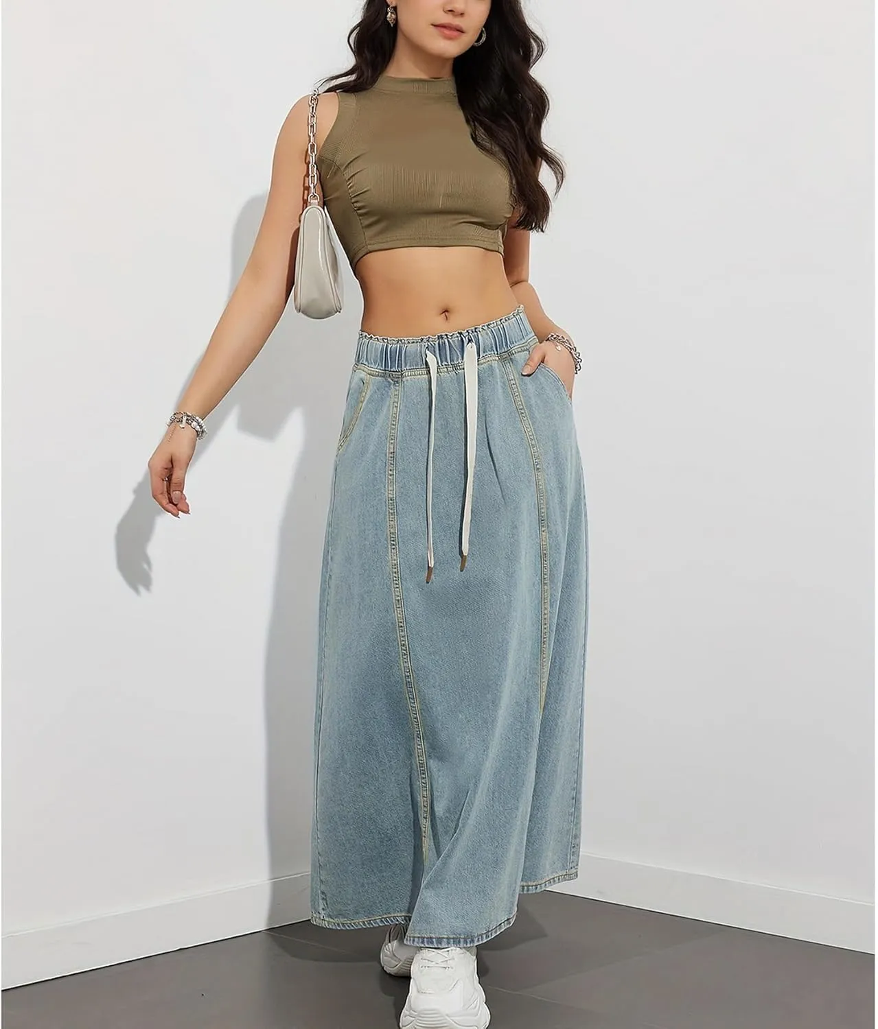 Womens Denim Skirt Casual High Waist Paperbag Elastic A Line Long Maxi Flare Skirt Summer Beach Jean Skirt