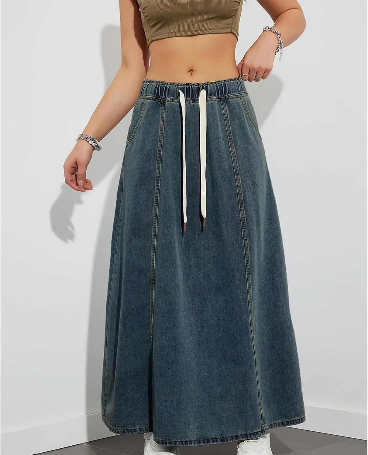Womens Denim Skirt Casual High Waist Paperbag Elastic A Line Long Maxi Flare Skirt Summer Beach Jean Skirt