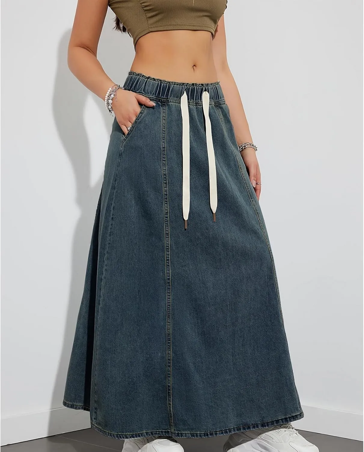 Womens Denim Skirt Casual High Waist Paperbag Elastic A Line Long Maxi Flare Skirt Summer Beach Jean Skirt
