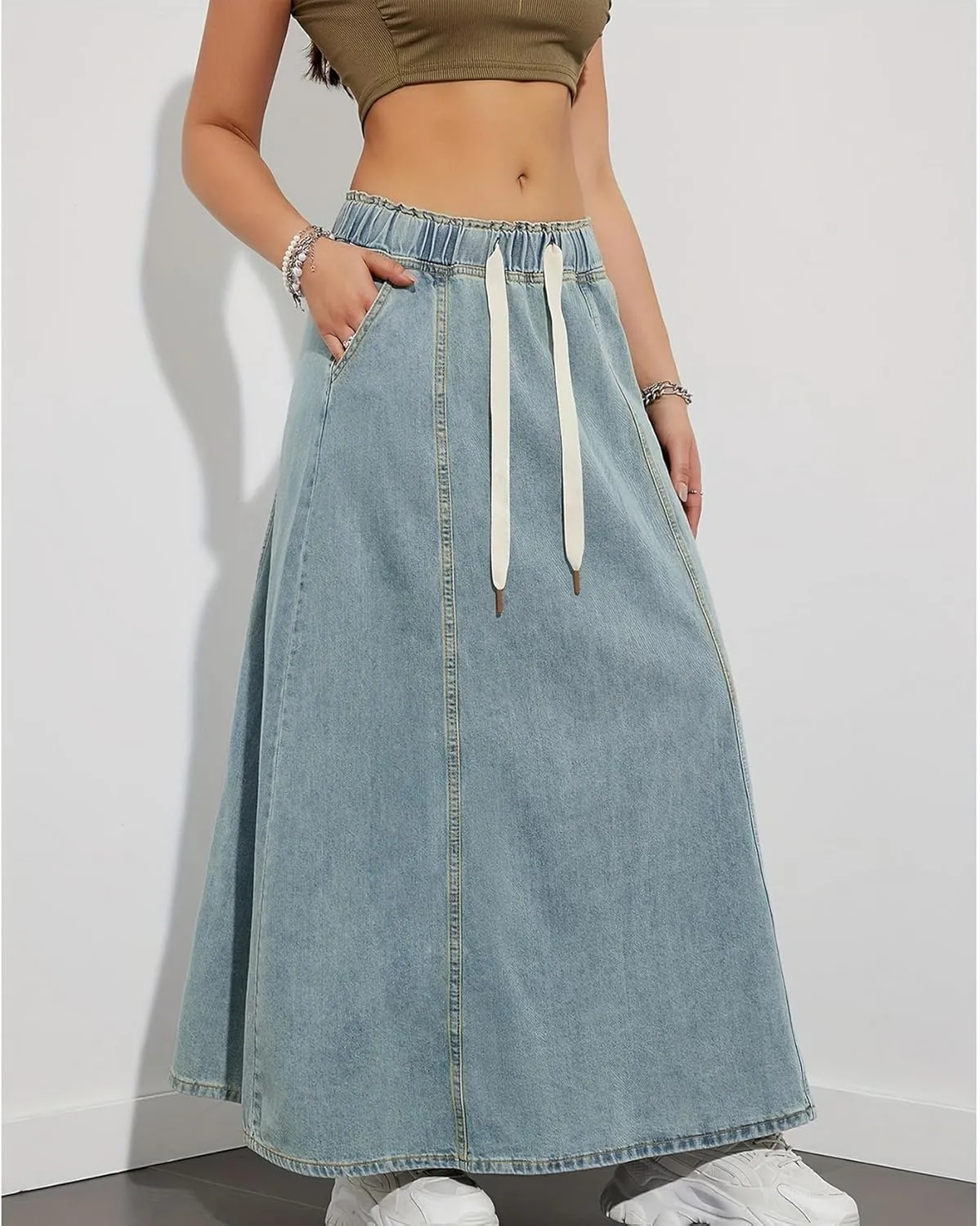 Womens Denim Skirt Casual High Waist Paperbag Elastic A Line Long Maxi Flare Skirt Summer Beach Jean Skirt