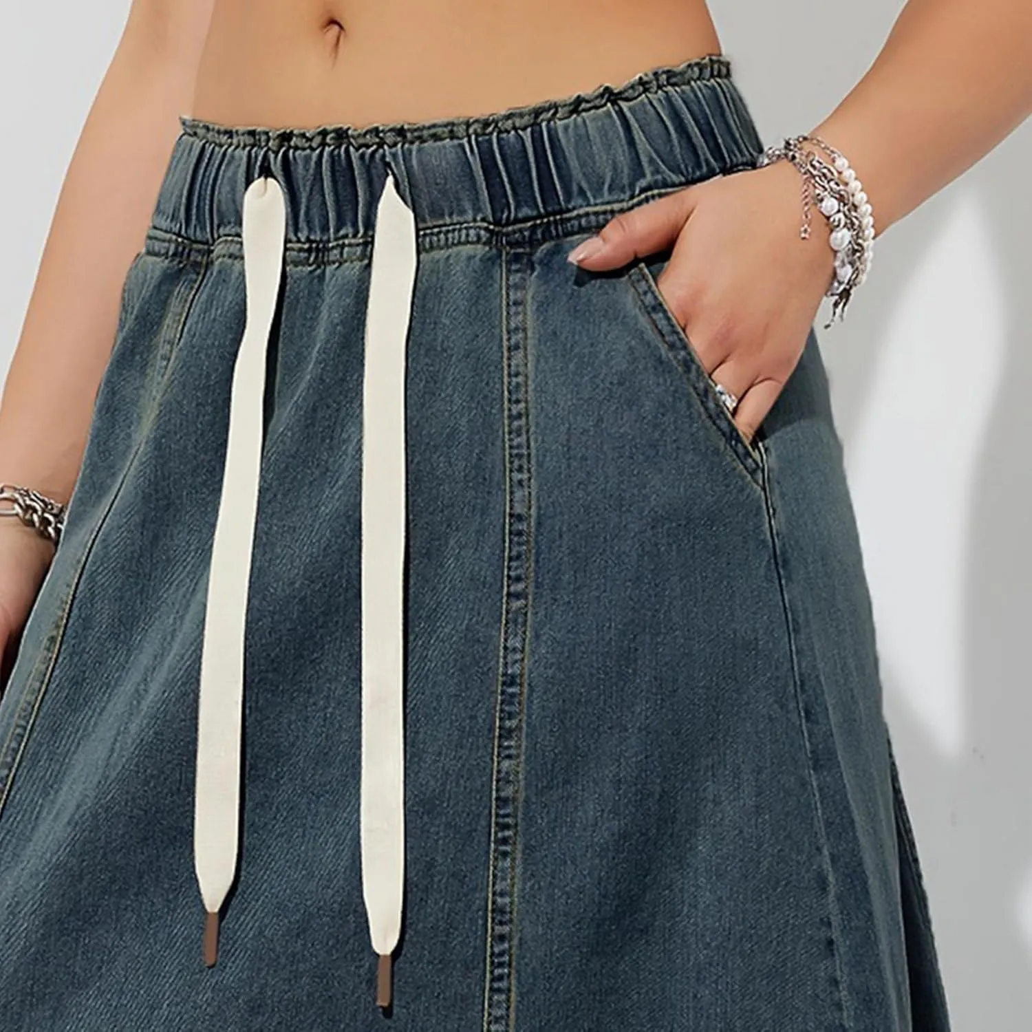 Womens Denim Skirt Casual High Waist Paperbag Elastic A Line Long Maxi Flare Skirt Summer Beach Jean Skirt