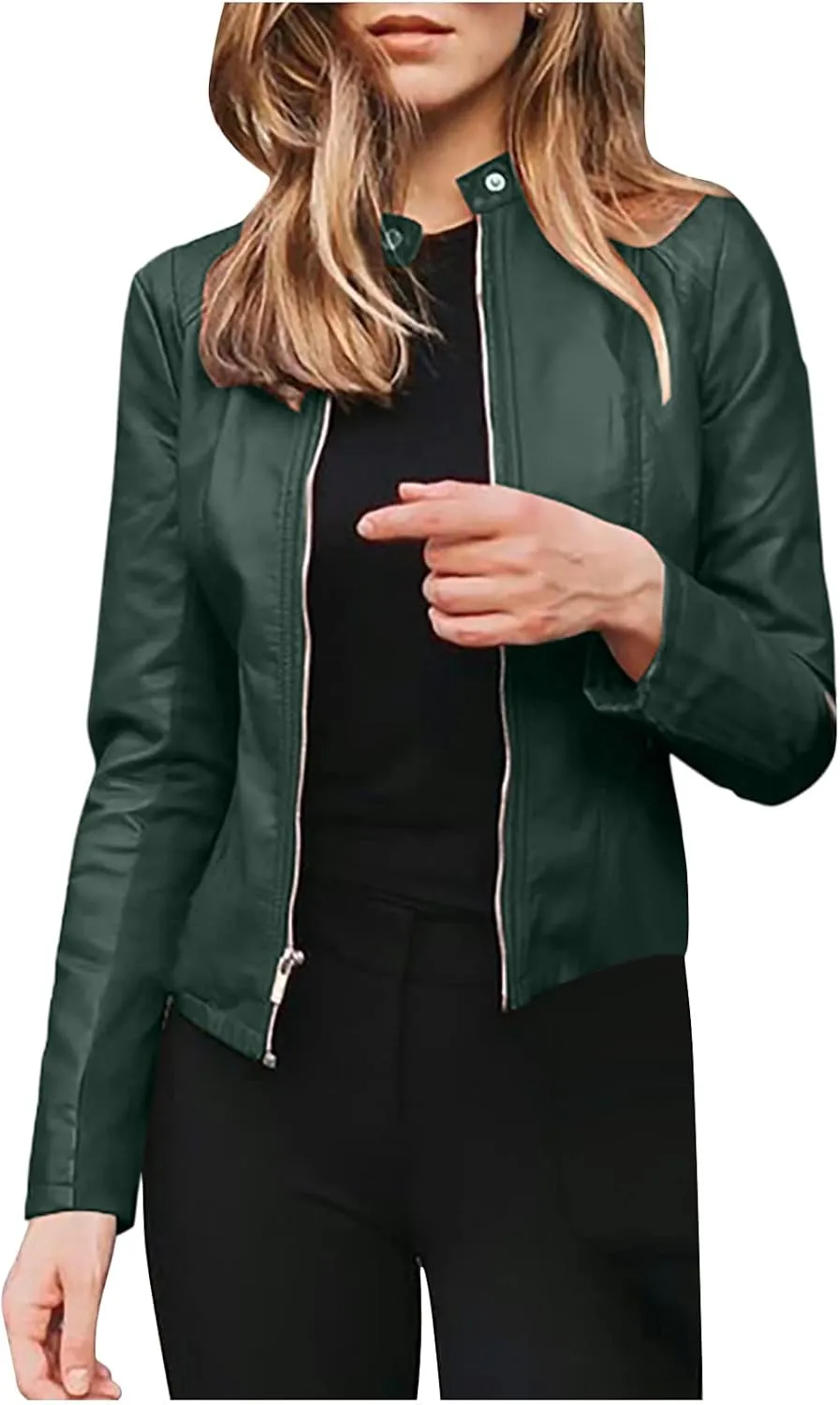 Womens Faux Leather Zip Up Moto Biker Jacket Long Sleeve Motocross Racer Bomber Jacket Motocycle Cropped Jacket Coat