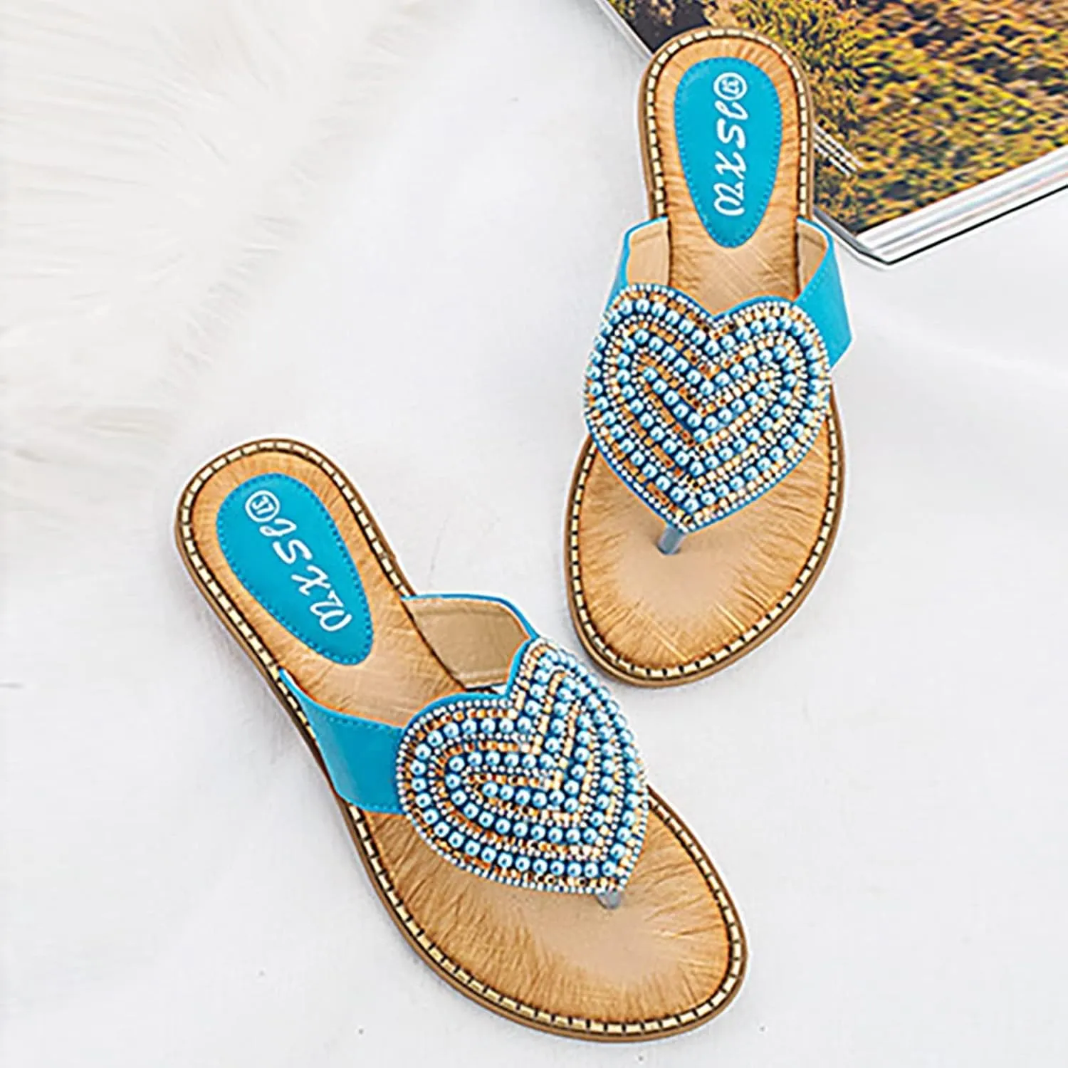 Womens Flat Sandals Dressy Pearl Beadeed Jewelry Open Toe Thong Flip Flops Casual Summer Slip On Beach Slide Slippers